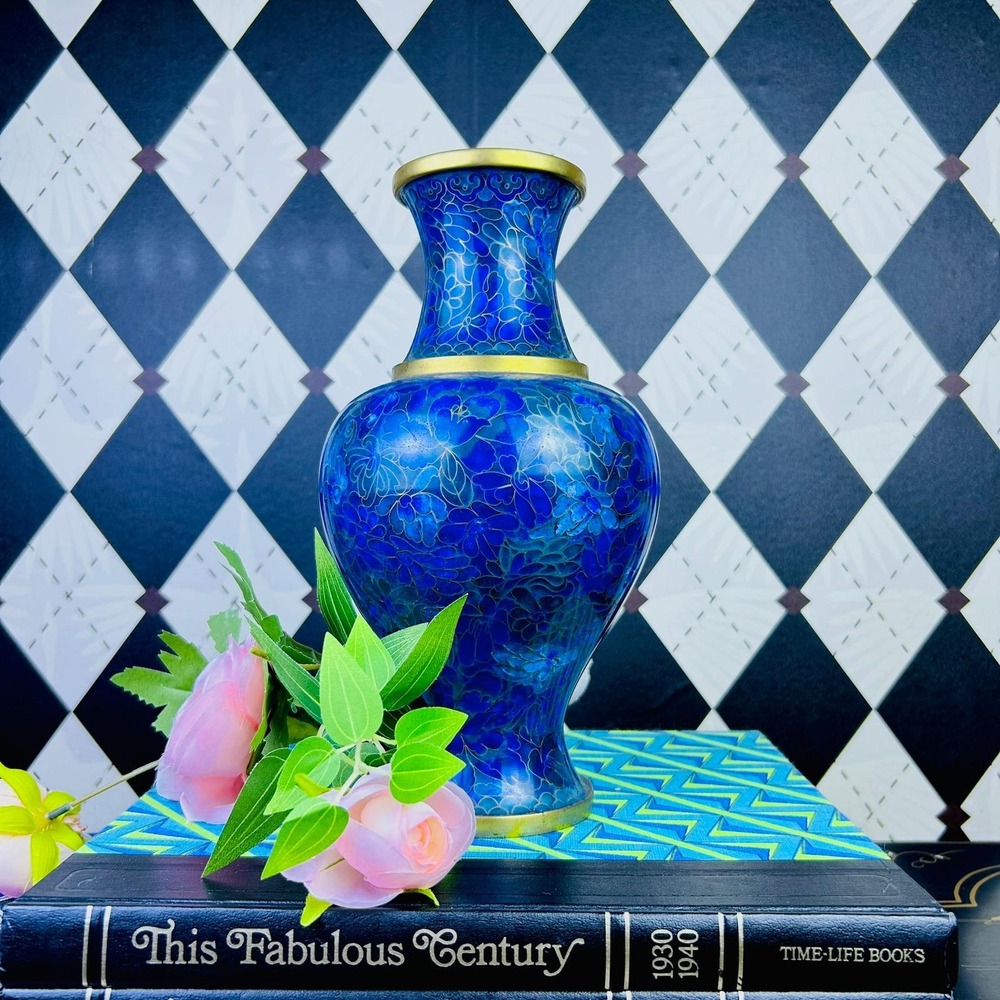 Large Blue Cloisonné 10" Floral Vase Brass Trim Vintage Elegance - Picture 4 of 10